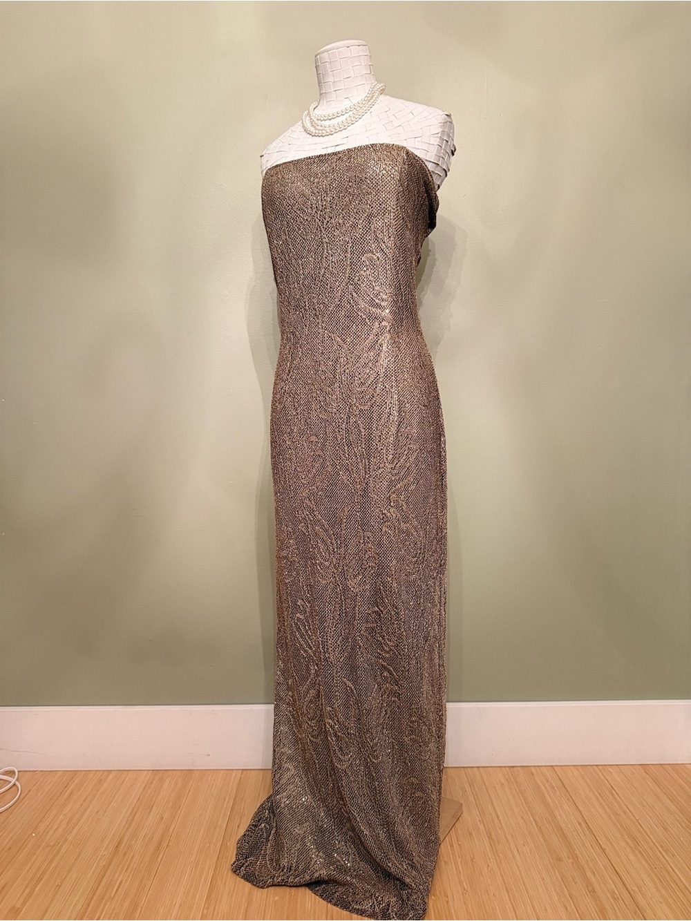 Vintage Jessica McClintock Gunne Sax Metallic Gold Strapless Maxi Dress, Size 13